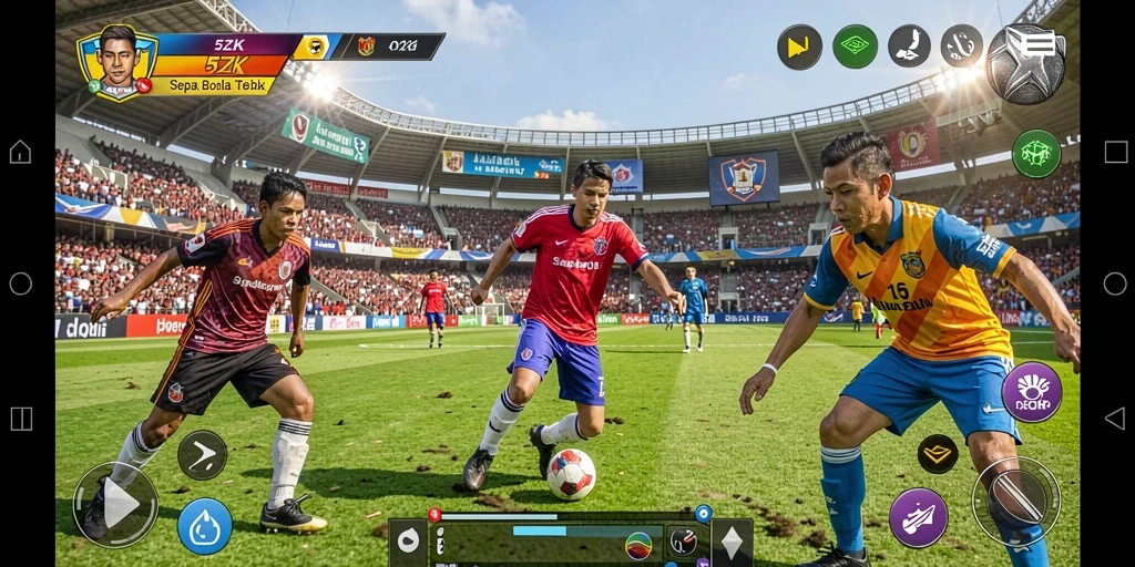 Screenshot permainan 5ZK menampilkan aksi seru di lapangan sepak bola.