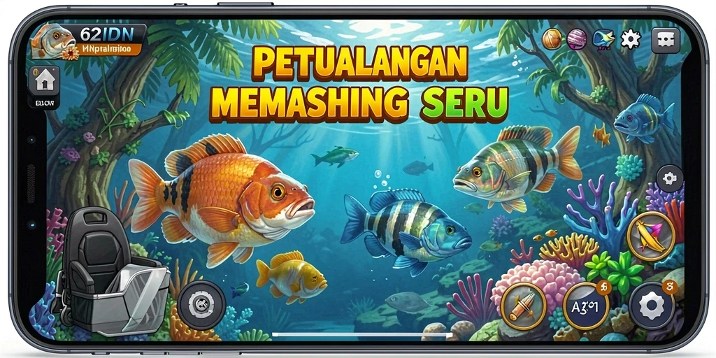 Tampilan gameplay <strong>62IDN</strong> dengan ikan yang beraneka ragam dan lokasi memancing yang menakjubkan.