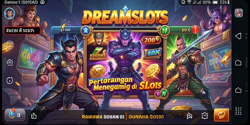 Screenshot DREAMSLOTS menampilkan aksi pertarungan yang mendebarkan dan karakter yang kuat.