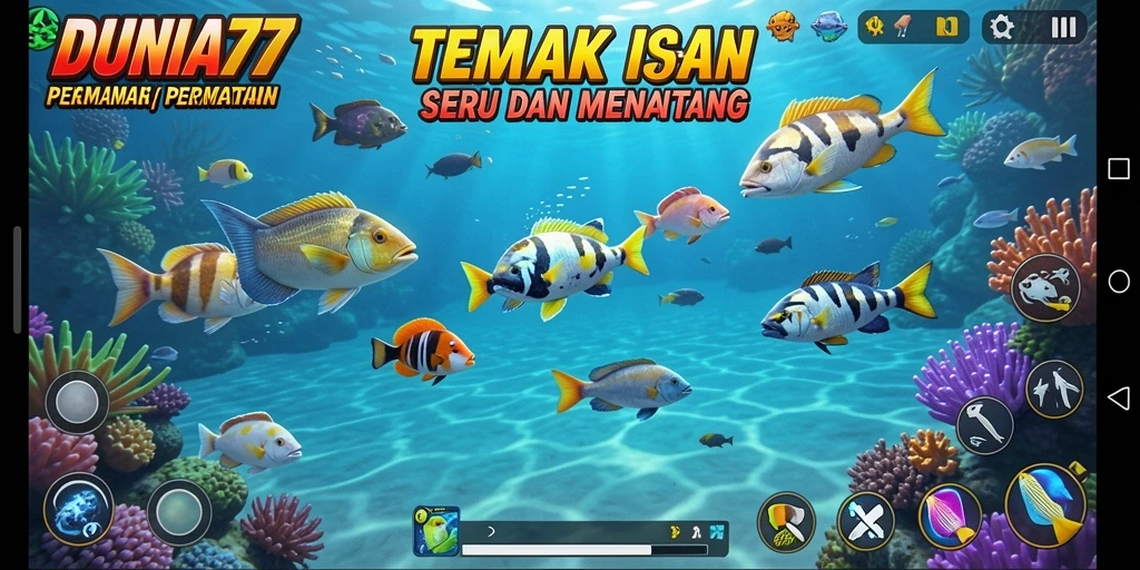 Tampilan gameplay DUNIA77 yang penuh aksi menembak ikan.