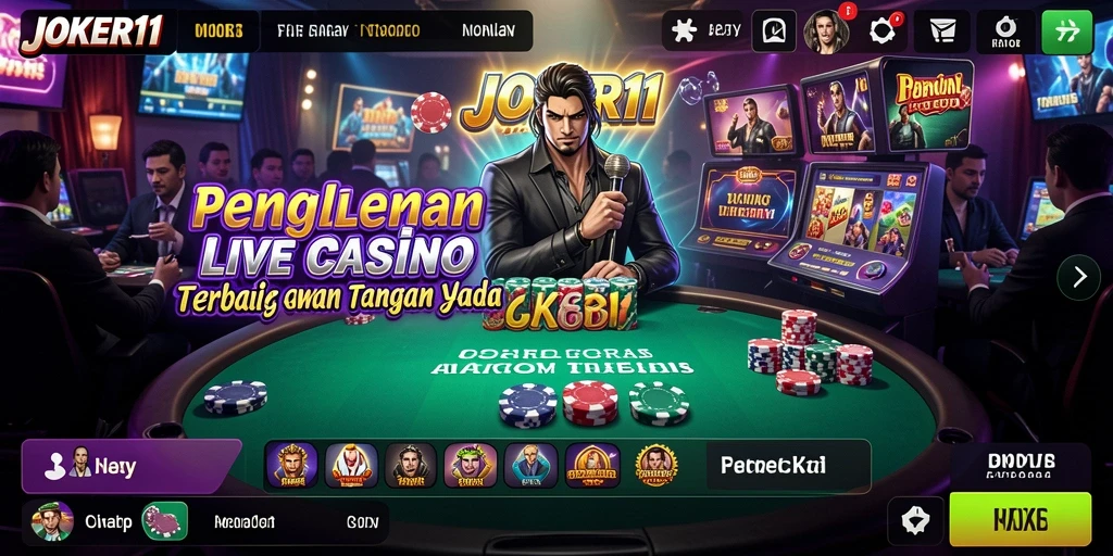 Screenshot gameplay JOKER11 dengan dealer profesional dalam permainan Live Casino.