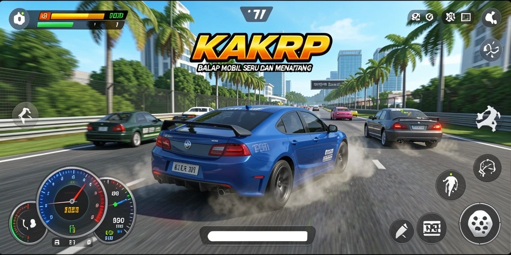 Gameplay KAKRP menunjukkan balapan mobil penuh aksi di trek menantang.