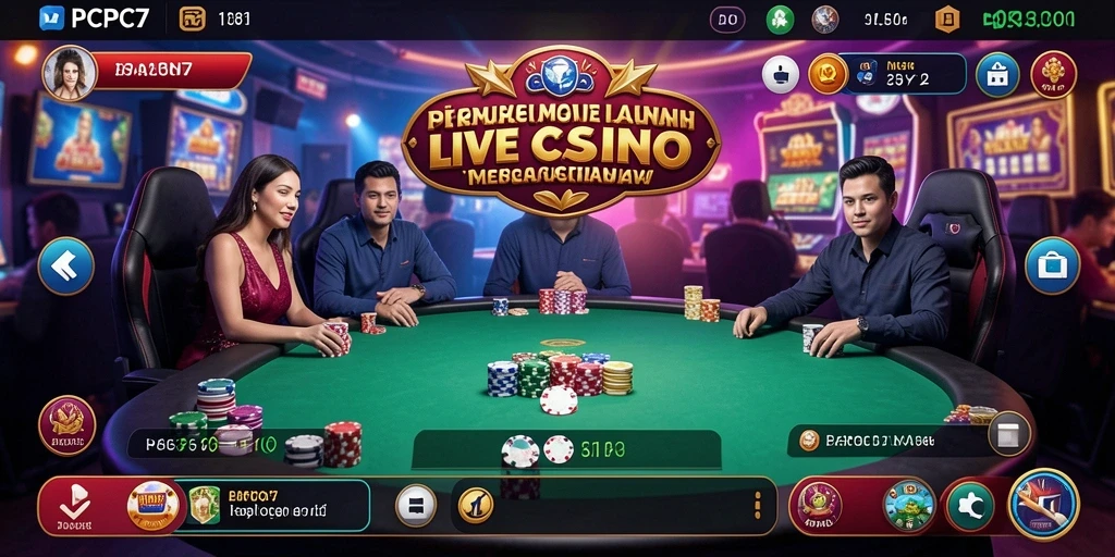 Tampilan gameplay PCPC7 dengan dealer langsung dan permainan kasino yang mendebarkan.