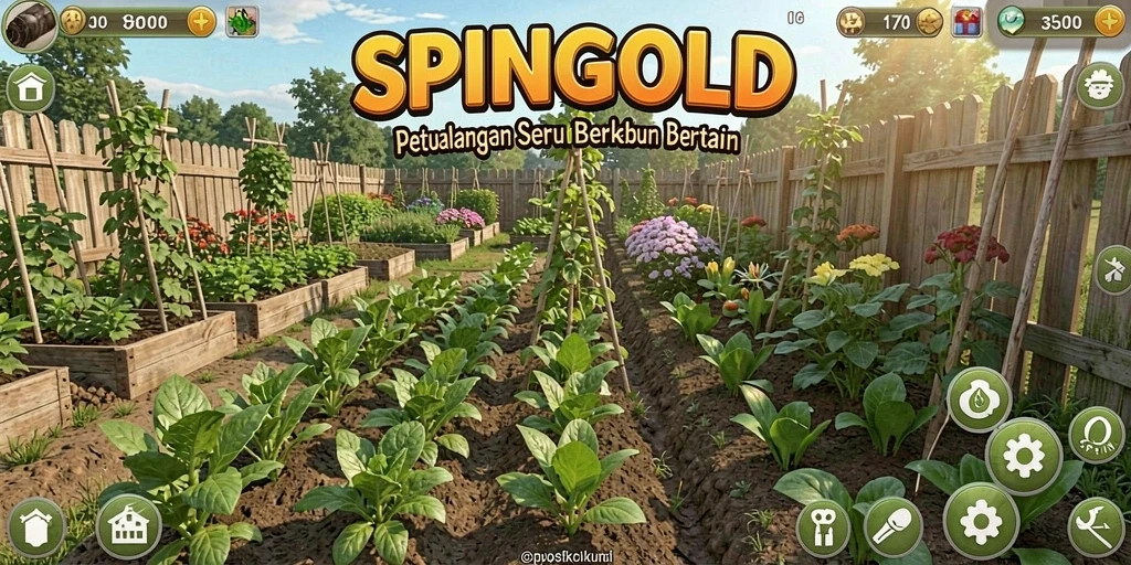 Screenshot gameplay SPINGOLD menunjukkan aktivitas berkebun yang seru dan interaksi sosial.